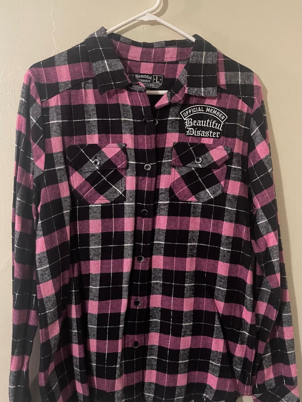 Beautiful Disaster Women’s Pink and Black Plaid Button-Down Flannel
